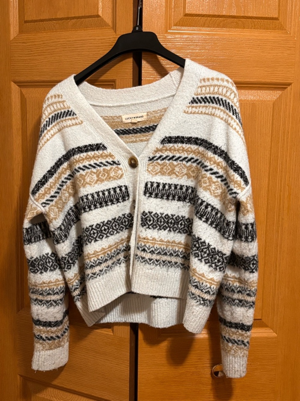 Lucky Brand Cream Patterned V-Neck Button Cardigan